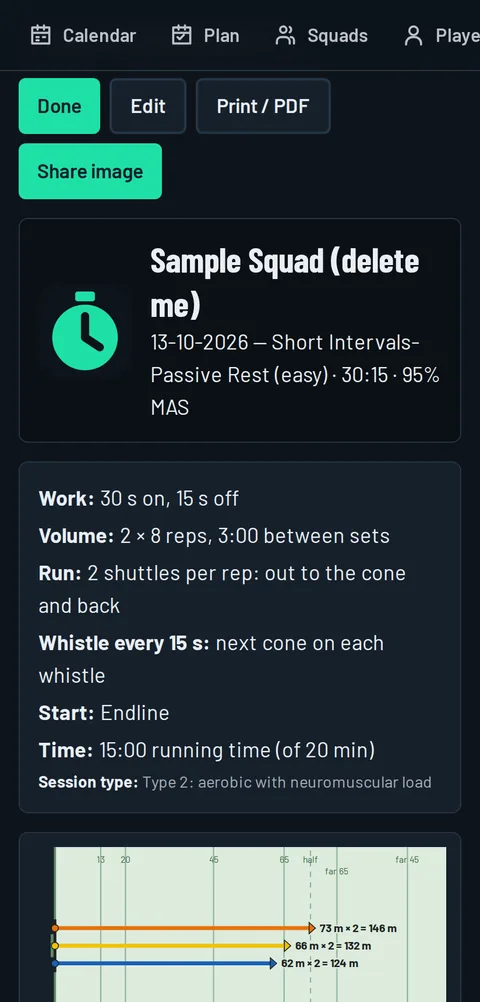 Running Block Builder on a phone: a session card with work, rest, reps and cone distances