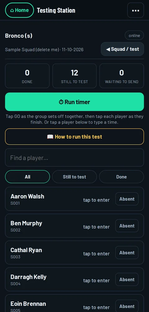 Testing Station on a phone: Bronco test, run timer, and players to tap as they finish